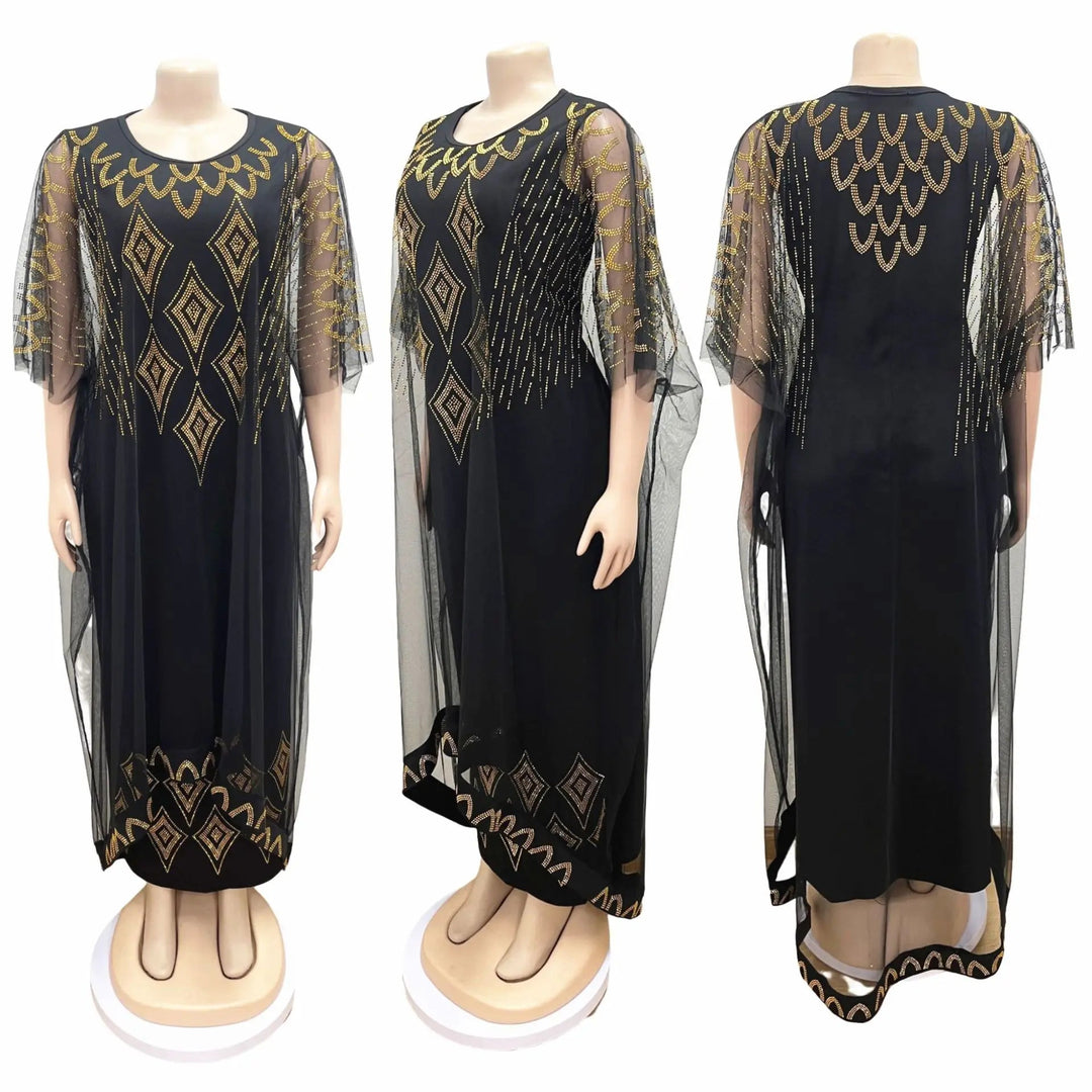 Fake Two-Piece African Dresses for Women 2023 Traditional Nigeria Mesh Hot Drill Caftan Dress Abaya Musulman Robe Femme Clothes Beauty hair & fashionfj