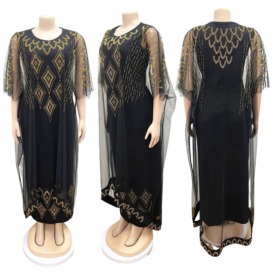 Fake Two-Piece African Dresses for Women 2023 Traditional Nigeria Mesh Hot Drill Caftan Dress Abaya Musulman Robe Femme Clothes Beauty hair & fashionfj