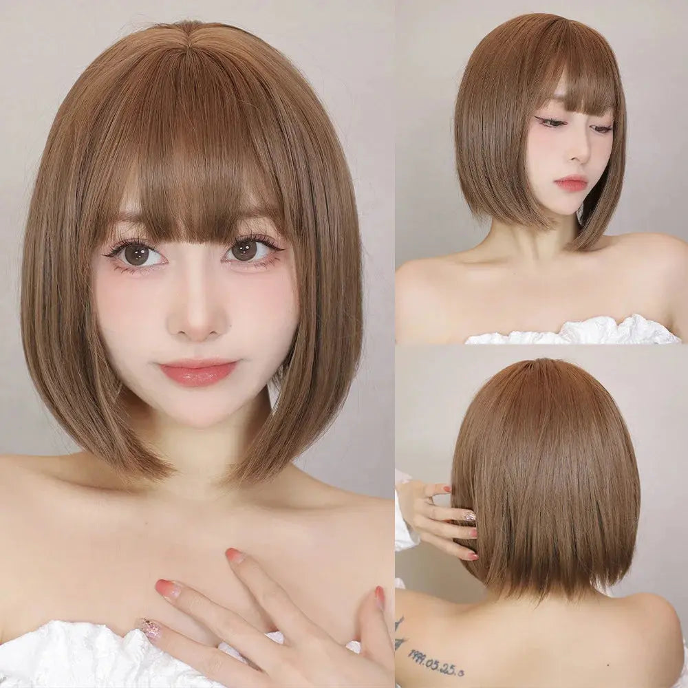 Short Black Brown Synthetic Natural Hair Wigs for Women Bob Straight Wig with Bangs High Temperature Daily Cosplay Party Wigs Beauty hair & fashionfj