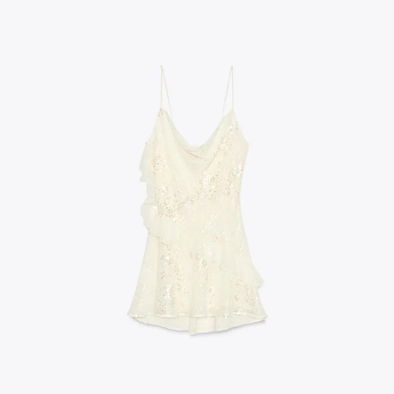 Glitter Flounce Mini Dress Woman Cinched Waist Sleeveless A-Line Halter Dresses Sexy Chic Women&