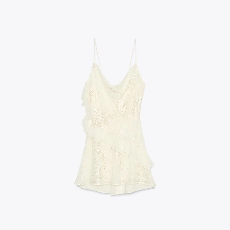 Glitter Flounce Mini Dress Woman Cinched Waist Sleeveless A-Line Halter Dresses Sexy Chic Women&