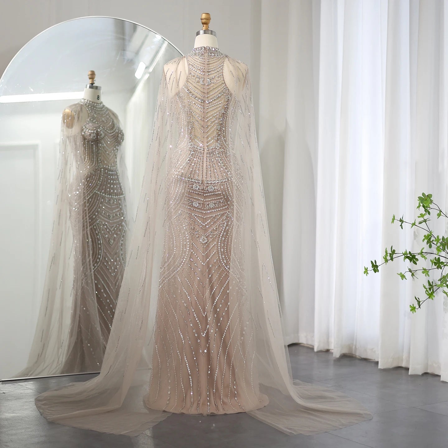 Sharon Said Luxury Dubai Caramel Mermaid Evening Dresses for Wedding Party Cape Sleeves High Neck Prom Dress SS077 Customized Beauty hair & fashionfj