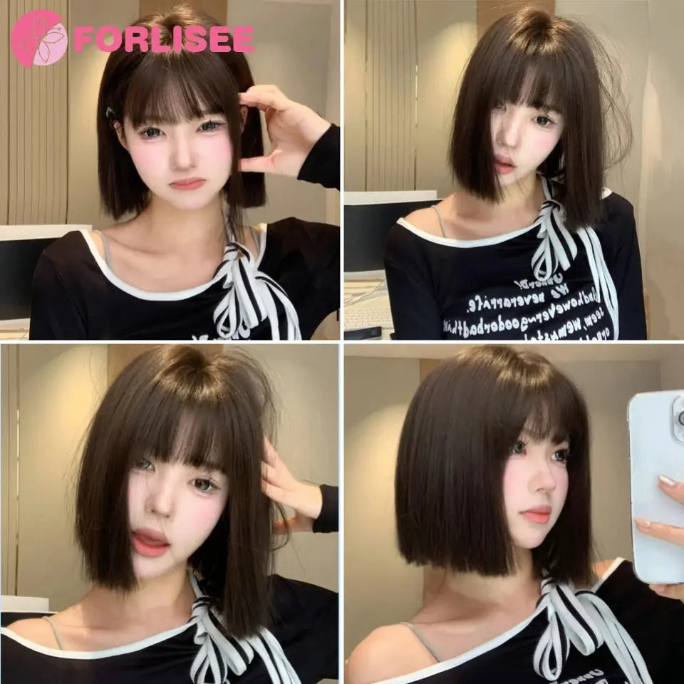 FORLISEE Synthetic Wig Short Black Brown with Bangs for Women Bob Straight Wig High Temperature Daily Cosplay Party Wigs Beauty hair & fashionfj