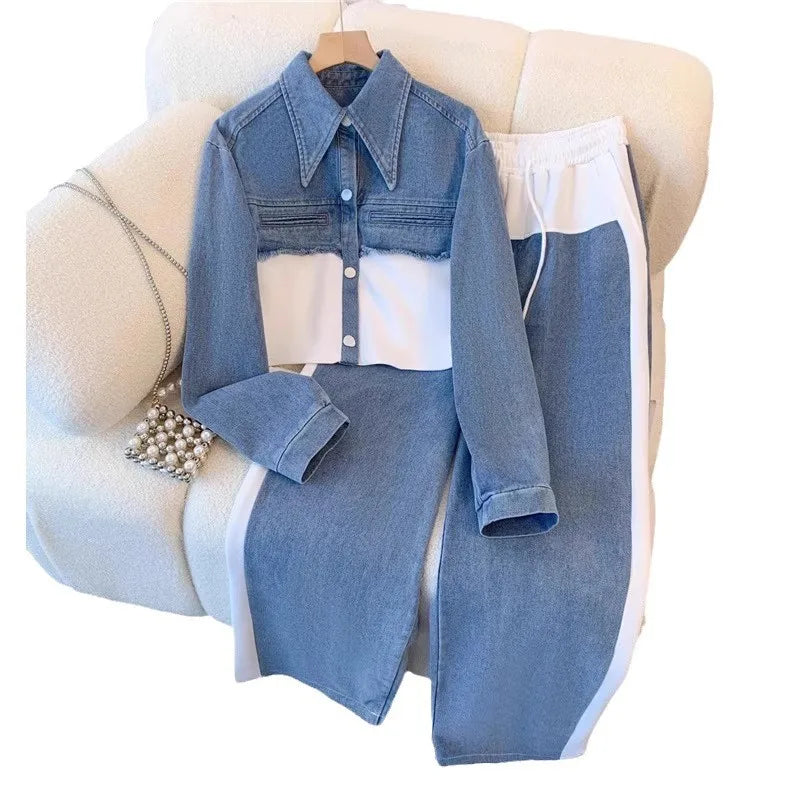 Two Piece Sets Women Pant Set Denim Splice Matching Sets Spring Top Wide Leg Long Pants Casual Loose Lace Up High Waist Jogger Beauty hair & fashionfj