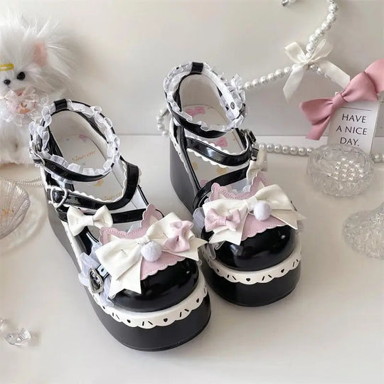Sweet Girls Lolita Cute Bowknots Platform Shoes Kawaii Love Buckle Alice Flat Elevator Shoes Mary Janes Beauty hair & fashionfj