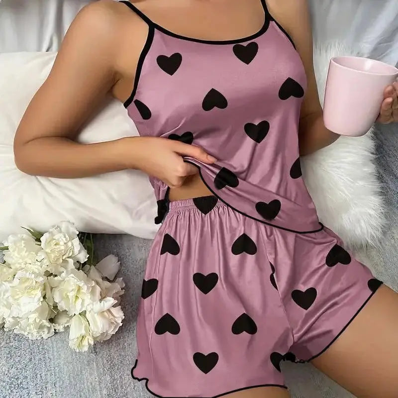 Women's Pajama Set Pajamas T-Shirts Shorts Pink Heart-Shaped Print Round Neck T-Shirt Ice Silk Top Comfortable Casual Summer ﻿ Beauty hair & fashionfj