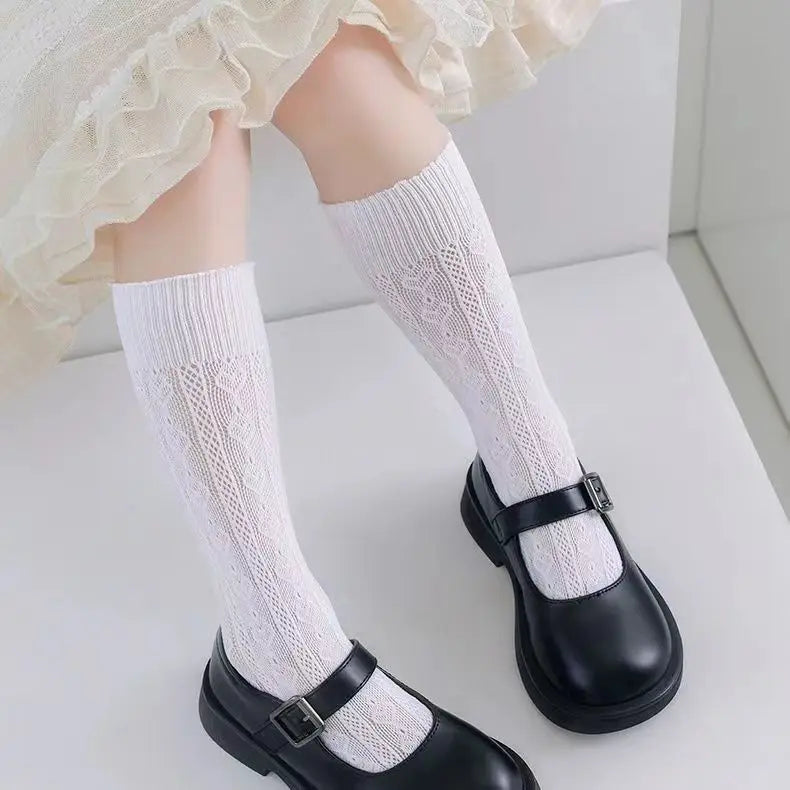 Girls Long Tube Lace Stockings Sweet Bow Jacquard Pattern Mesh Sock Baby Girl Ballet Fishing Net Frilly Socks Lolita Leggings