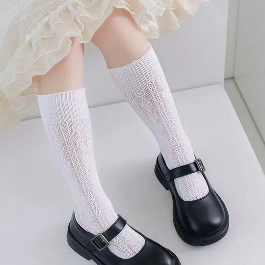 Girls Long Tube Lace Stockings Sweet Bow Jacquard Pattern Mesh Sock Baby Girl Ballet Fishing Net Frilly Socks Lolita Leggings