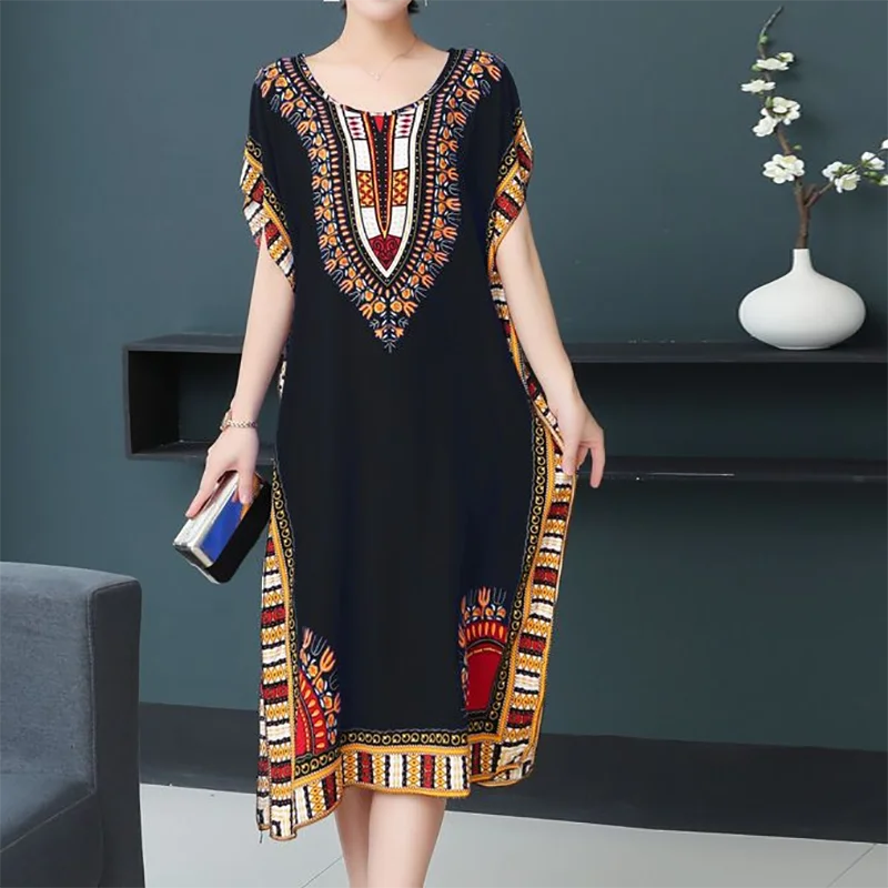 Summer Trend Ethnic V-Neck Printed Women's Dress Vintage Elegant Batswing Sleeves Elastic Waist Large Swing Casual Holiday Dress Beauty hair & fashionfj