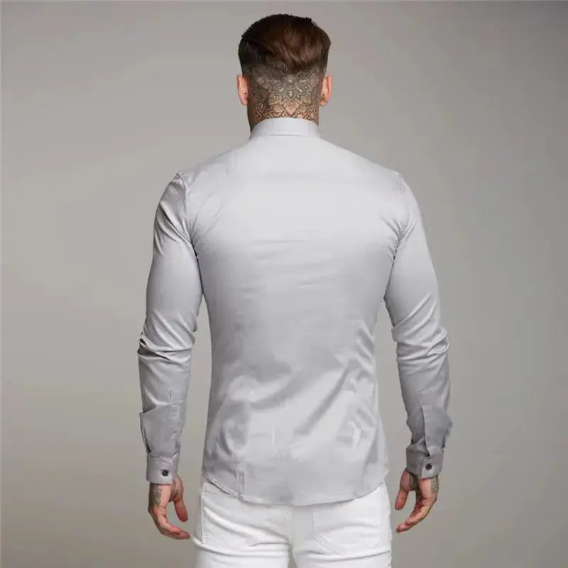 Men's Shirt Fashion Full Sleeve Shirt Men's Muscle Casual Slim-fit Business Dress Solid Color Shirt Men's Gym Fitness Men Shirt Beauty hair & fashionfj