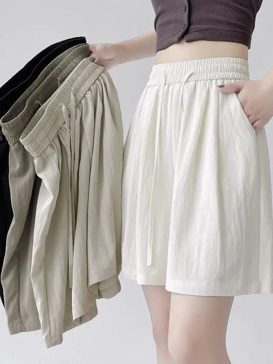 Summer Thin High Waist Slimming Ice Silk Wide Leg Five-Quarter Casual Pants Women&