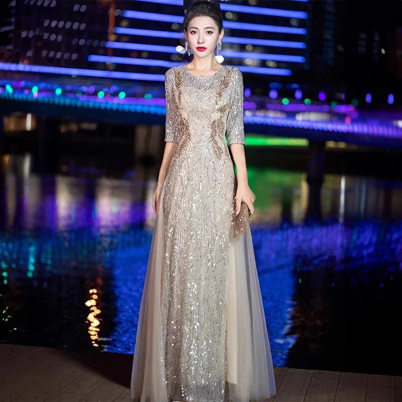 Evening Gown High-end Banquet Niche Light Luxury Host Steel Companion Conductor Choir Performance Costume Women's Long Dress WLF Beauty hair & fashionfj