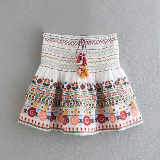 Batwing Sleeve Women Autumn Embriodery Paisley Print Skirt Set Outfits V Neck Button Tiered Mini Skirt Dress Suit Vintage Set Beauty hair & fashionfj