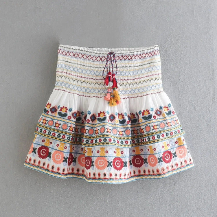 Batwing Sleeve Women Autumn Embriodery Paisley Print Skirt Set Outfits V Neck Button Tiered Mini Skirt Dress Suit Vintage Set Beauty hair & fashionfj