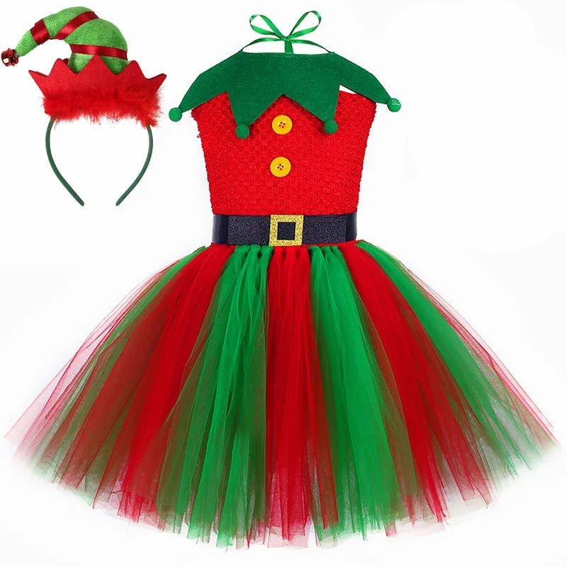 Christmas Elf Costume for Girls Xmas Holiday Party Tulle Dress Up Clothes Toddler Kids Red Green Elf Tutu Princess Dress Outfit