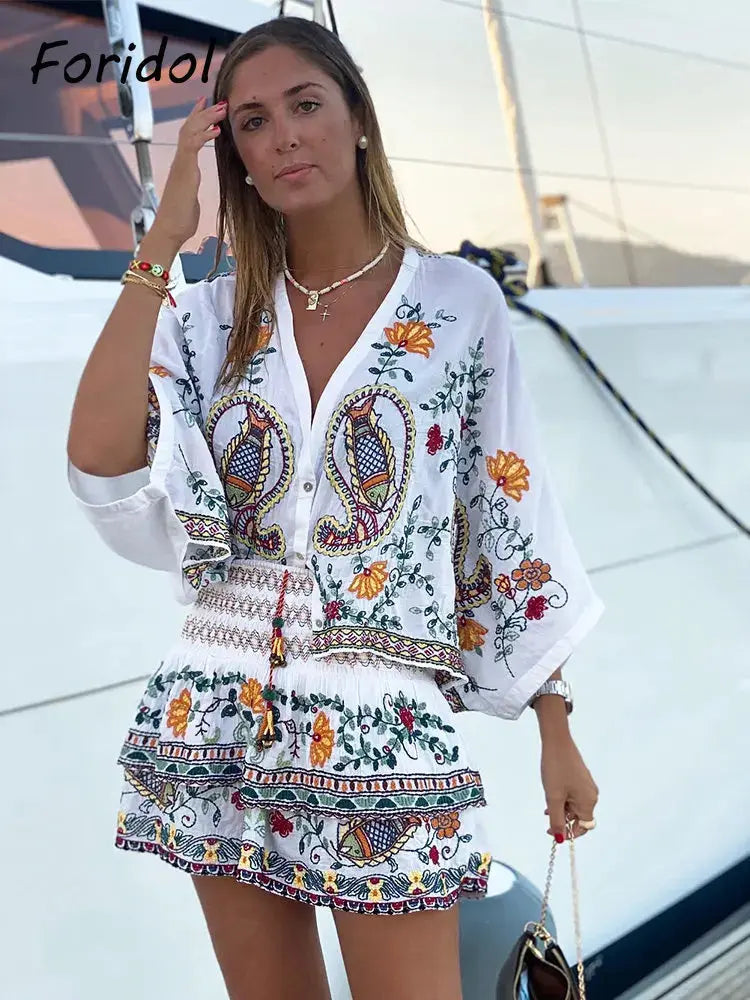 Batwing Sleeve Women Autumn Embriodery Paisley Print Skirt Set Outfits V Neck Button Tiered Mini Skirt Dress Suit Vintage Set Beauty hair & fashionfj