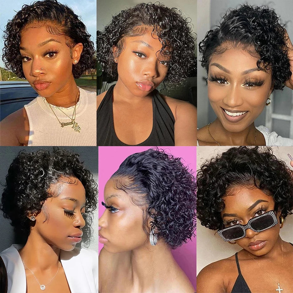 Pixie Cut Wig Transparent Lace Front Human Hair Wig Short Kinky Curly Bob Wigs Brazilian Water Wave Human Hair Wigs For Women Beauty hair & fashionfj