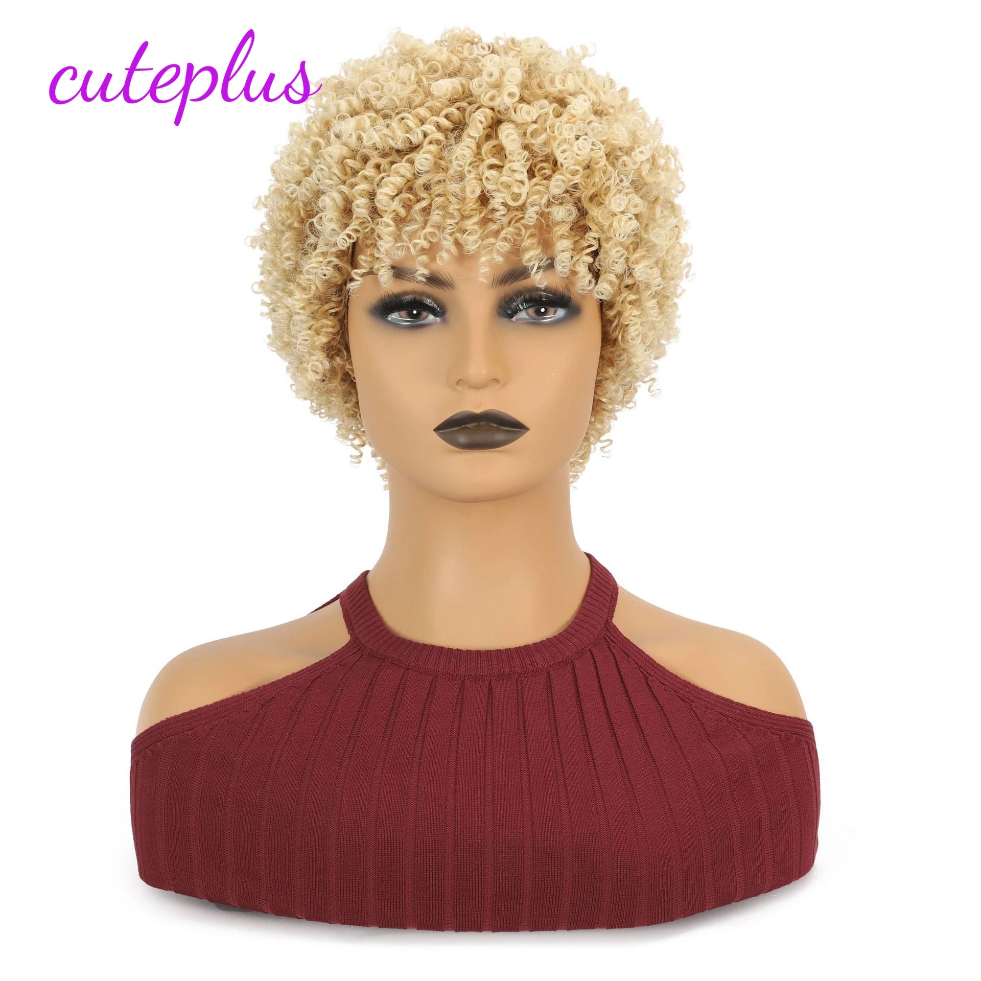 Short Kinky Curly Afro Synthetic Hair Wig for Black Women with Bangs Natural Cosplay