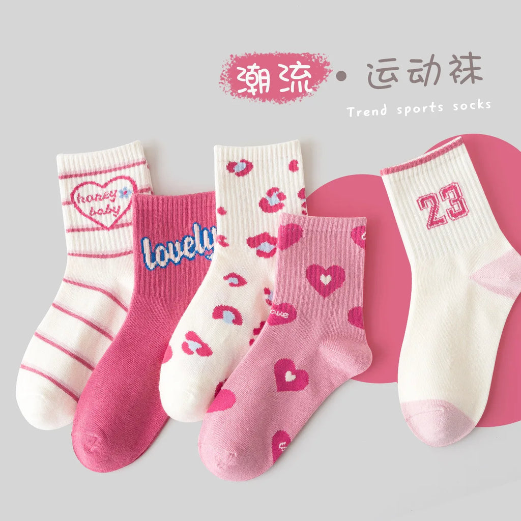 5 Pairs Girls Socks Cotton Socks Spring Autumn Letter Pattern Calf Socks A Class Sporty Socks