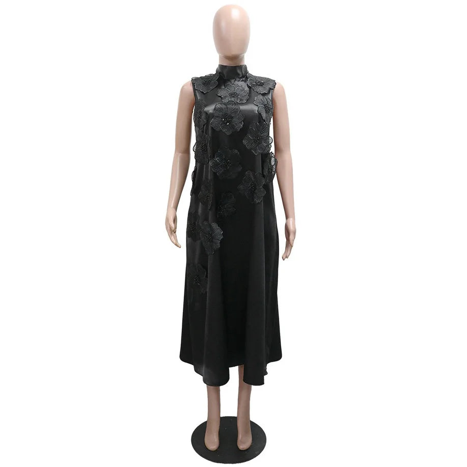 Elegant Dresses for Woman 2025 New O Neck Sleeveless Floral Decorate Straight Ankle Length Fashion Ladies Birthday Party Dress Beauty hair & fashionfj