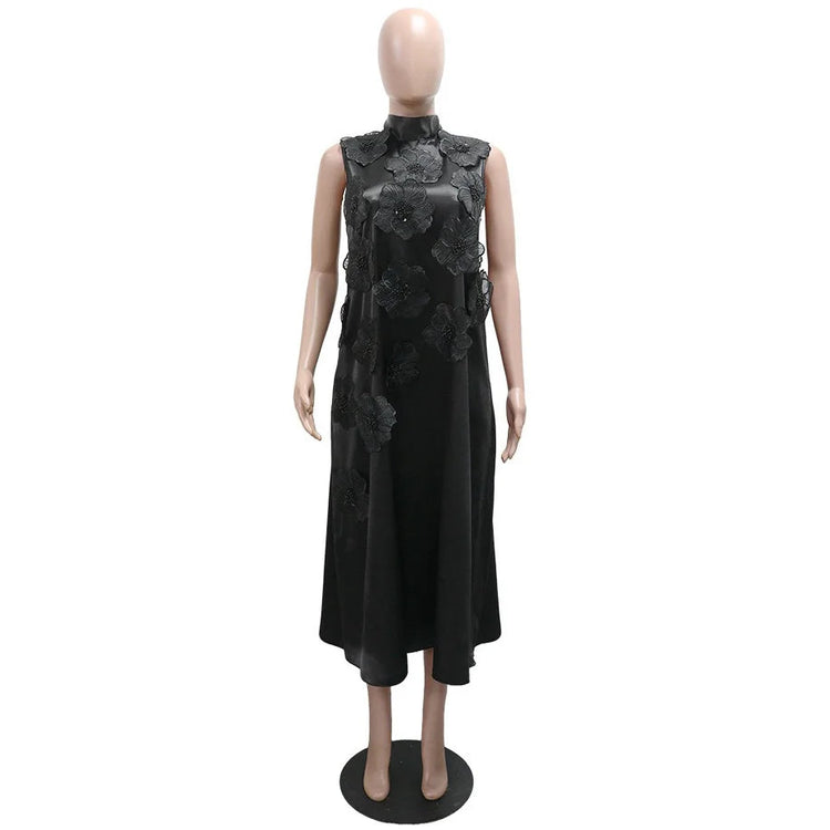 Elegant Dresses for Woman 2025 New O Neck Sleeveless Floral Decorate Straight Ankle Length Fashion Ladies Birthday Party Dress Beauty hair & fashionfj