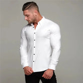 New Spring Autumn Mens Full Sleeve Shirt Solid Fitness Men Turndown Collar Super Slim Fit Business Dress Shirt Button Gym Tops Beauty hair & fashionfj