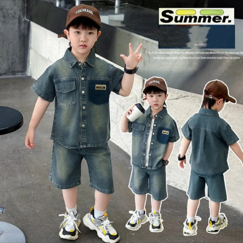 2025 Trendy Boys' Denim Set Vintage Wash Short Sleeve Shirt & Shorts 2-Piece Summer Outfit Beauty hair & fashionfj