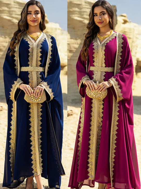 Eid Women Abaya Dress Muslim 2 Piece Set Cardigan with Inner Dress Lace-up Robe Caftan Robe Jalabiya Ramadan Morocco Kaftan 2025 Beauty hair & fashionfj