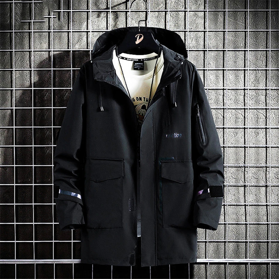 Windbreaker Jacket Men 8XL Plus Size Long Jackets Reflective Strip Design Hooded Coats Camp Jackets Male Outerwear Outdoor