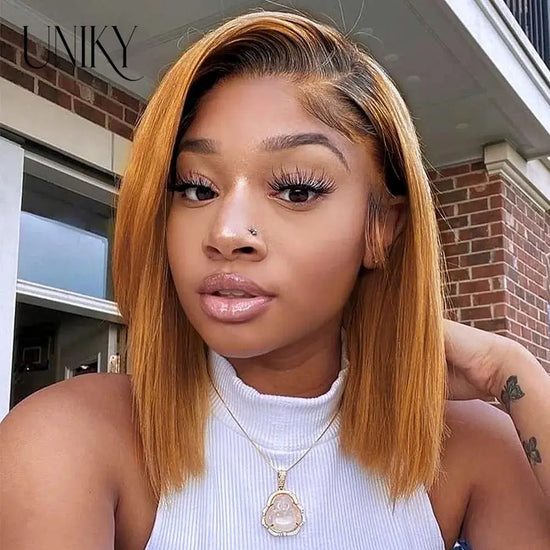 Short Straight Human Hair Ombre Blonde Cheap Short Bob Straight Wig For Black Women Transparent Lace Frontal Brazilian Remy 180% Beauty hair & fashionfj