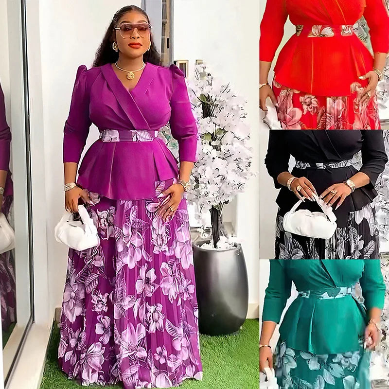 2 Piece African Clothes for Women Summer Fashion African Half Sleeve V-neck Polyester Printing Top Long Skirt Matching Sets 2025 Beauty hair & fashionfj