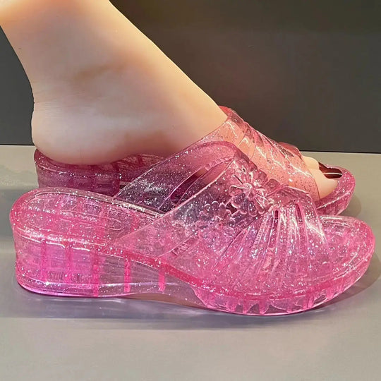 Transparent Jelly Slippers Women's Summer Wedged Heel Mules Shoes Woman Sparkling Glitter Sandal Open Toe Outdoor Clear Slipper Beauty hair & fashionfj