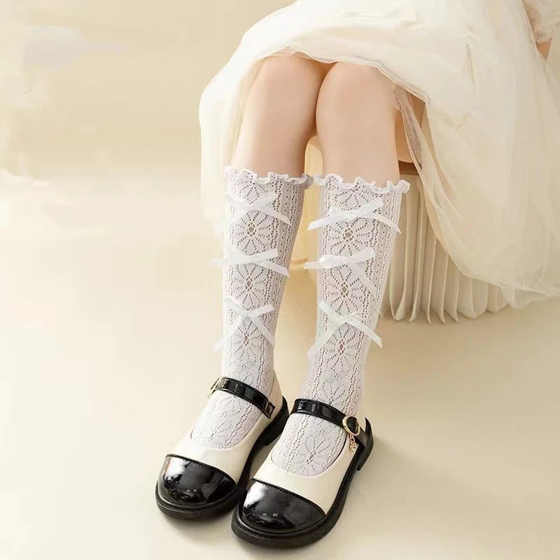 Girls Long Tube Lace Stockings Sweet Bow Jacquard Pattern Mesh Sock Baby Girl Ballet Fishing Net Frilly Socks Lolita Leggings