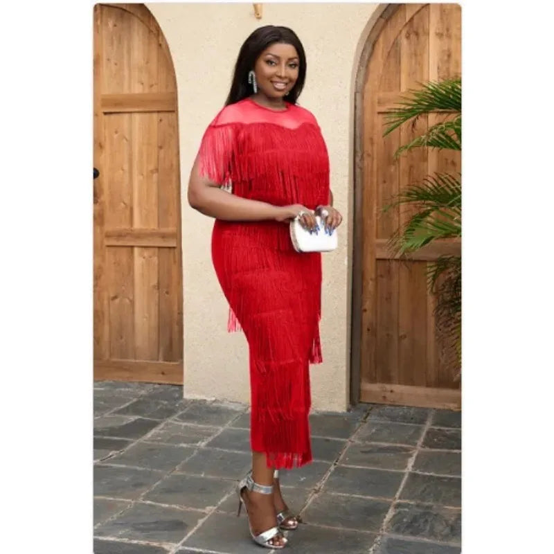 Customized Plus Size African Party Evening Dresses for Women Summer Tassel Short Sleeve Traditional Dashiki African Clothes Anka Beauty hair & fashionfj