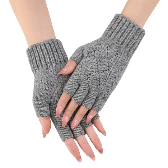 Rimiut Women Fashion Autumn Winter Half finger gloves knitted with grid pattern Solid color gloves