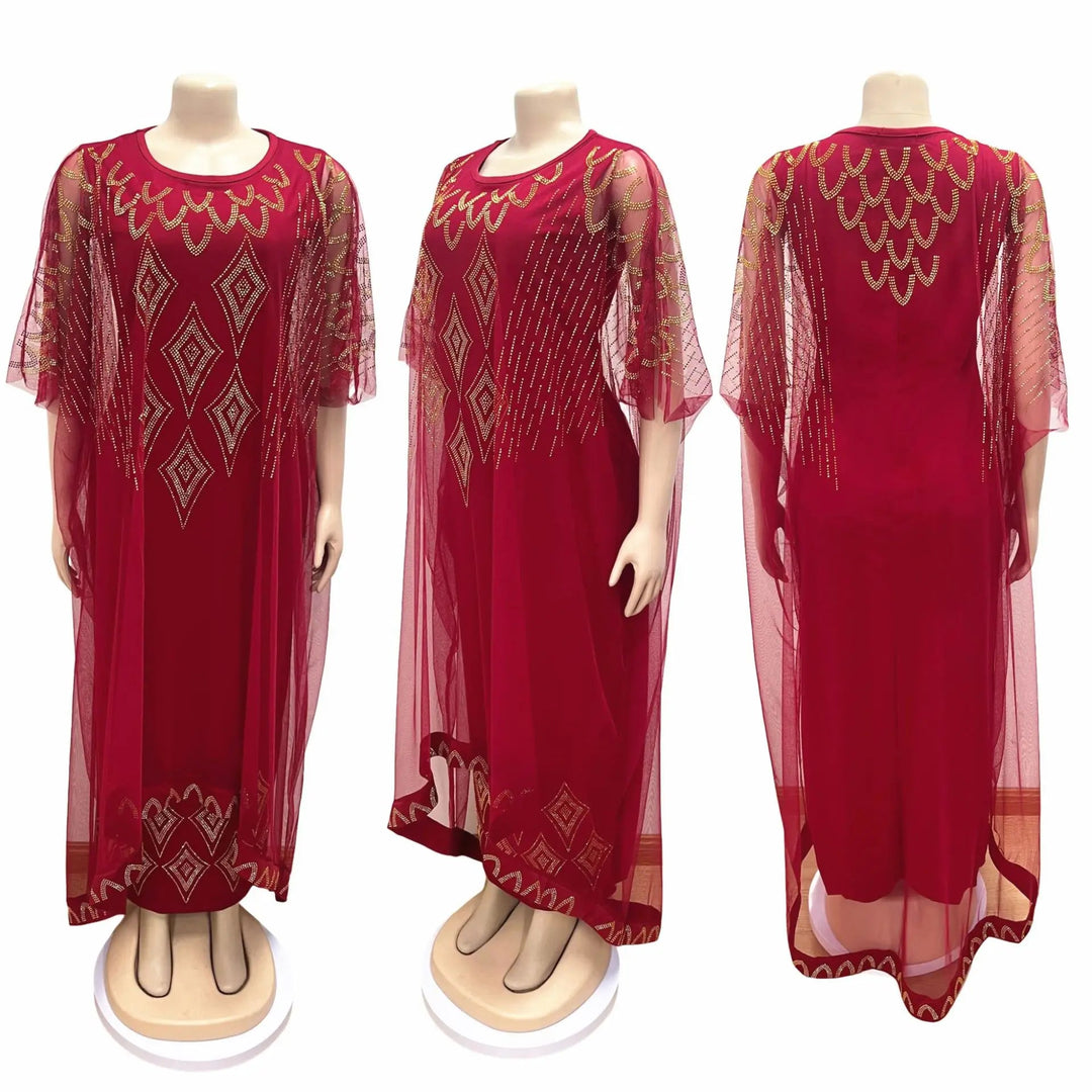 Fake Two-Piece African Dresses for Women 2023 Traditional Nigeria Mesh Hot Drill Caftan Dress Abaya Musulman Robe Femme Clothes Beauty hair & fashionfj