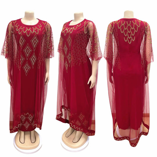 Fake Two-Piece African Dresses for Women 2023 Traditional Nigeria Mesh Hot Drill Caftan Dress Abaya Musulman Robe Femme Clothes Beauty hair & fashionfj