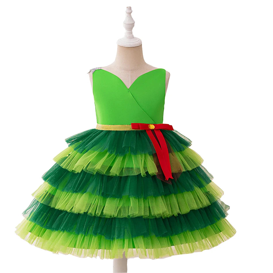 Christmas Dresses Girl Cartoon Print Princess Dress Children Red and Green Sequined Mesh Puff BalL Gown Carnival Clothes