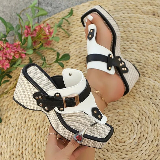 Plus Size Sandals Women Summer New Block Heel Buckle Metal Buckle Slippers One Strap Beach Sandals and Slippers