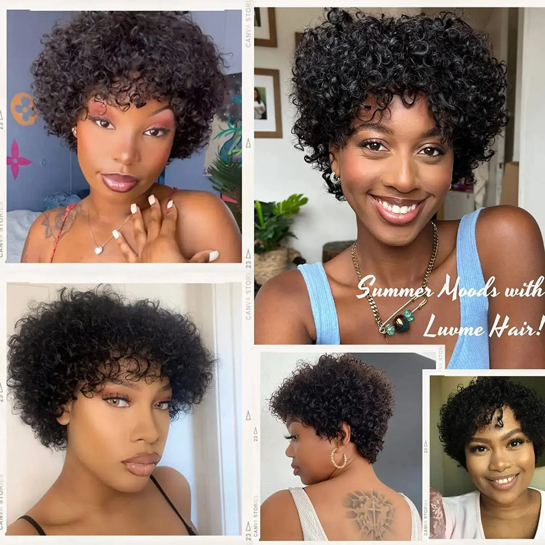 8 Inch Short Pixie Curly Bob Wig with Bangs Brazilian Human Hair Bouncy Curl Wig for Women Ready to Go Wig Beauty hair & fashionfj