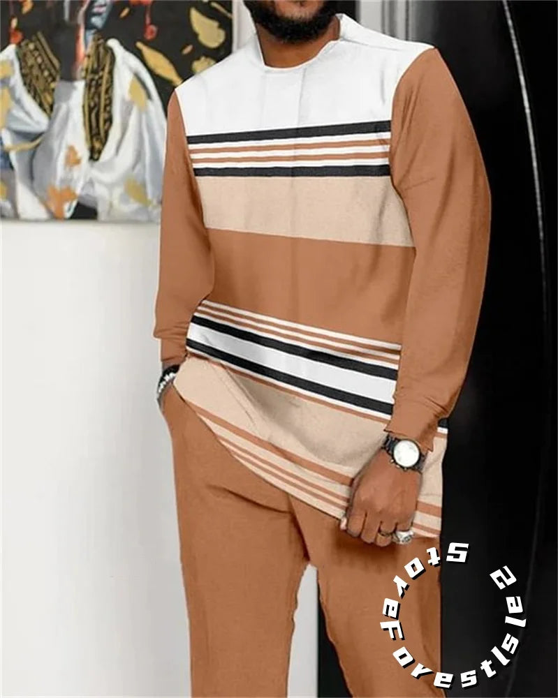 Men Tracskuit Set 2-piece Striped 3D Printed Casual Walking Suit Fashion Streetwear Long Sleeve T-Shirt Trousers Outfits Beauty hair & fashionfj