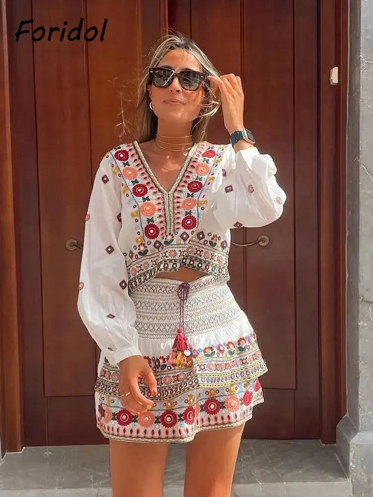 Batwing Sleeve Women Autumn Embriodery Paisley Print Skirt Set Outfits V Neck Button Tiered Mini Skirt Dress Suit Vintage Set Beauty hair & fashionfj