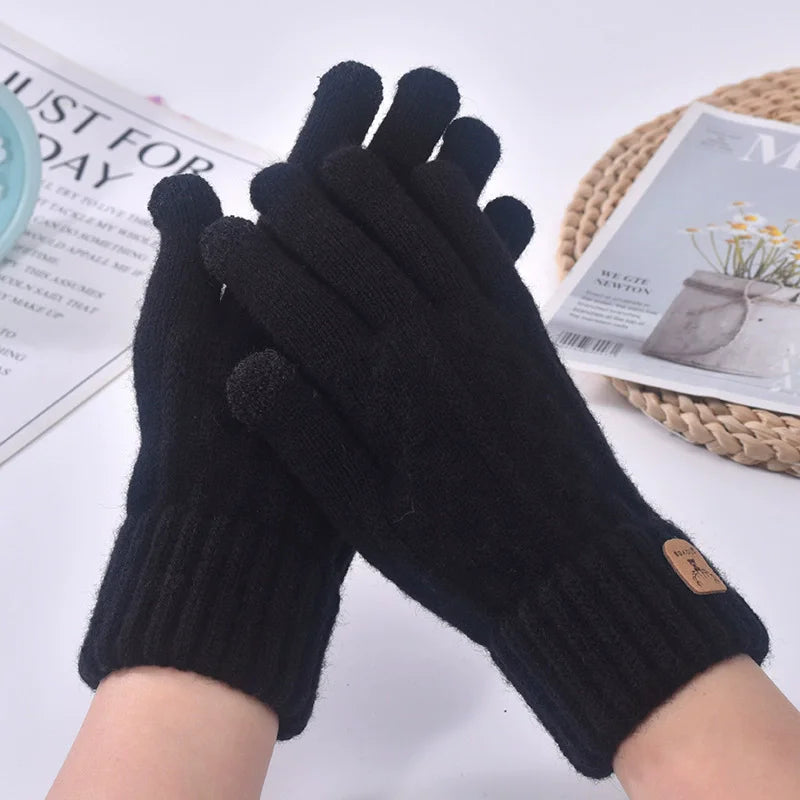 Winter Knitted Wool Warm Gloves for Men's and Women's Touch Screen Thickened Full Finger Gloves Outdoor Cycling Skiing Gloves