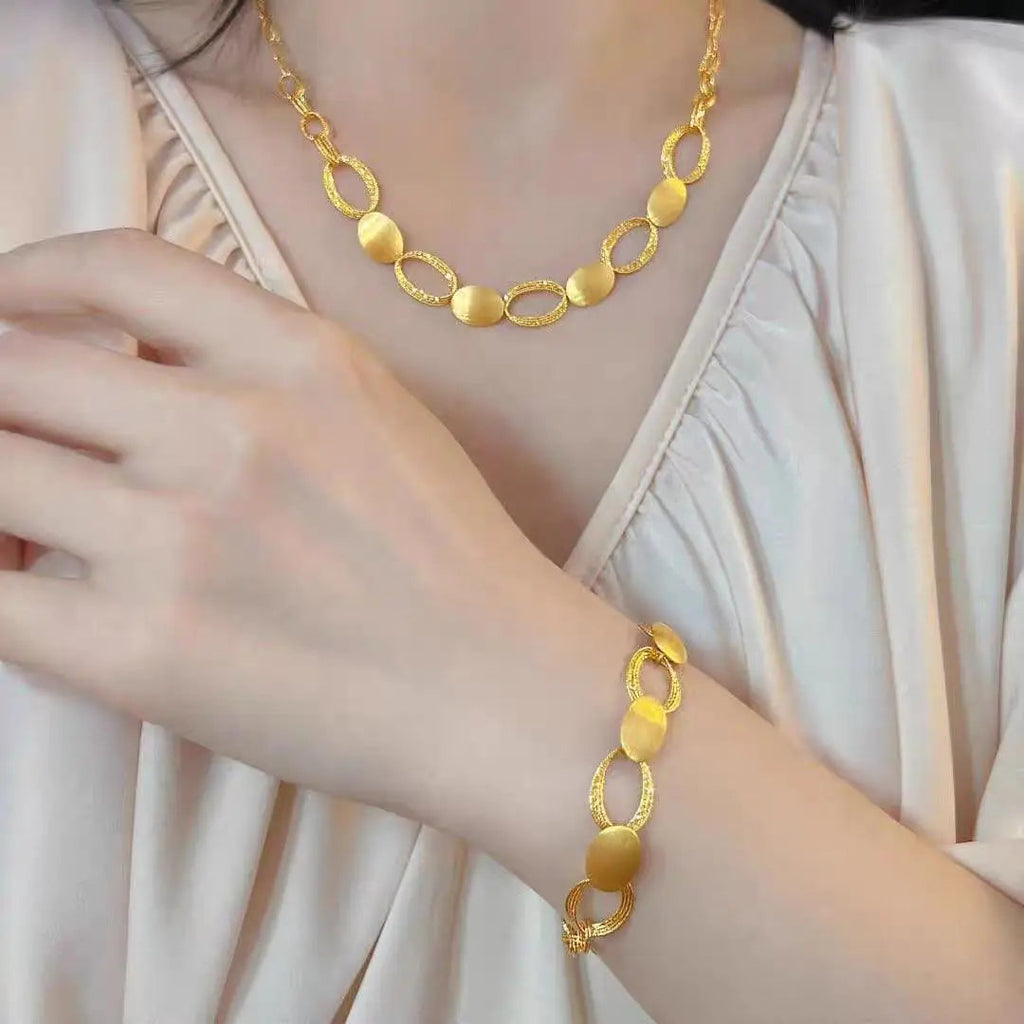 9999 24K real gold light and shadow halo women's light luxury brushed craftsmanship oval ring interlocking necklace earrings Beauty hair & fashionfj