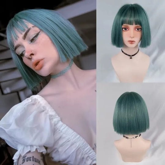 Short Bob Straight Synthetic Blonde Wig With Bangs Girl Female Crochet Hair Silver White Pink Orange Wig