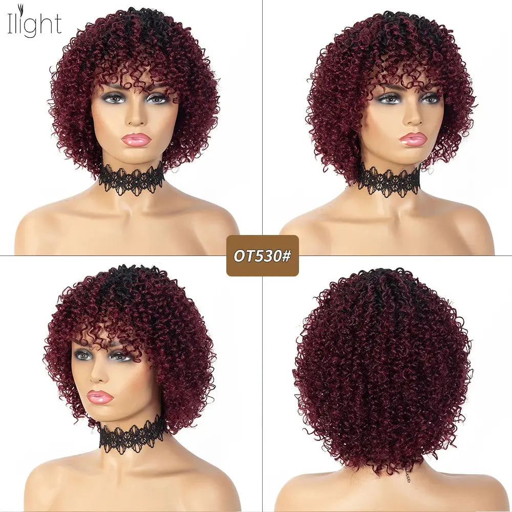 8 Inch Short Pixie Curly Bob Wig with Bangs Brazilian Human Hair Bouncy Curl Wig for Women Ready to Go Wig Beauty hair & fashionfj