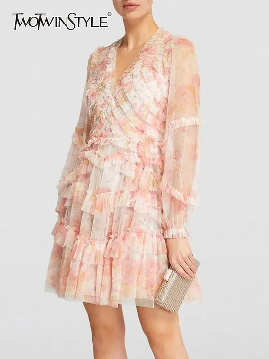 TWOTWINSTYLE Hit Color Printing Dresses For Women V Neck Long Sleeve High Waist Patchwork Mesh Mini Dress Female Fashion Clothes Beauty hair & fashionfj