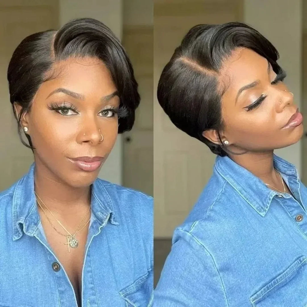 Brazilian Short Bob Pixie Cut Wig Pre plucked Lace Frontal Straight Transparent Lace Front Human Hair Wigs For Black Women  180%