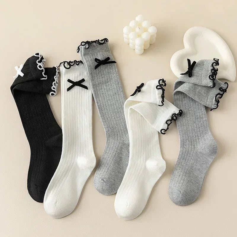 Girls Korean Bow Ruffle Calf Socks for Kids Cute White Knee High Long Lace Children Socks Spring Summer Soft School Stockings