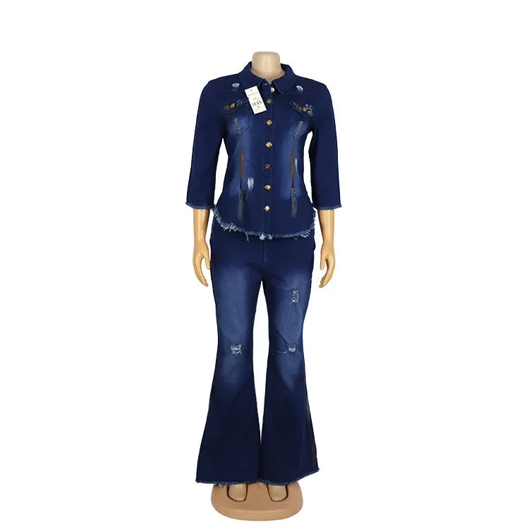 Two Piece Set Women Cowboy Suit Jean Jacket Single Breasted Turndown Collar Hole Flare Pants Female Outfits Casual Ensemble Beauty hair & fashionfj